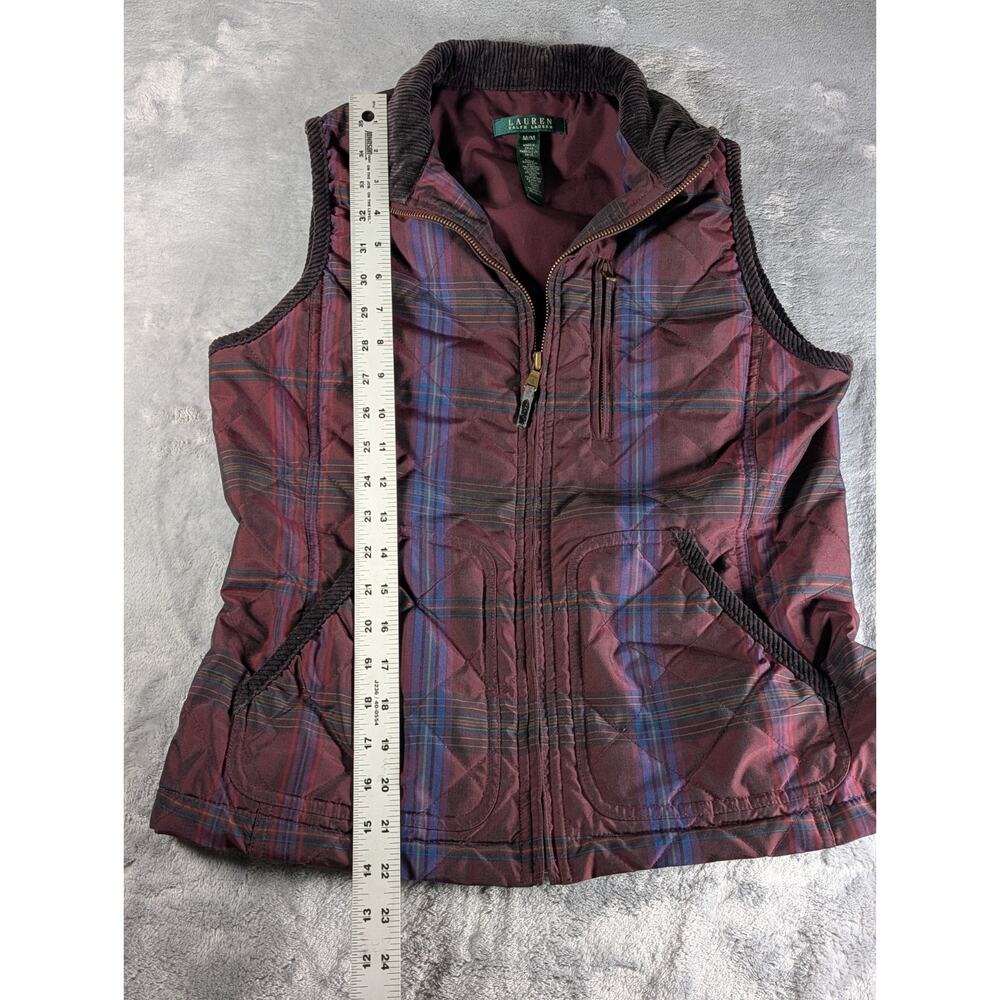 Lauren Ralph Lauren Vest Women's Med Burgundy Plaid Corduroy Trim Full Zip Y2K - Picture 8 of 9